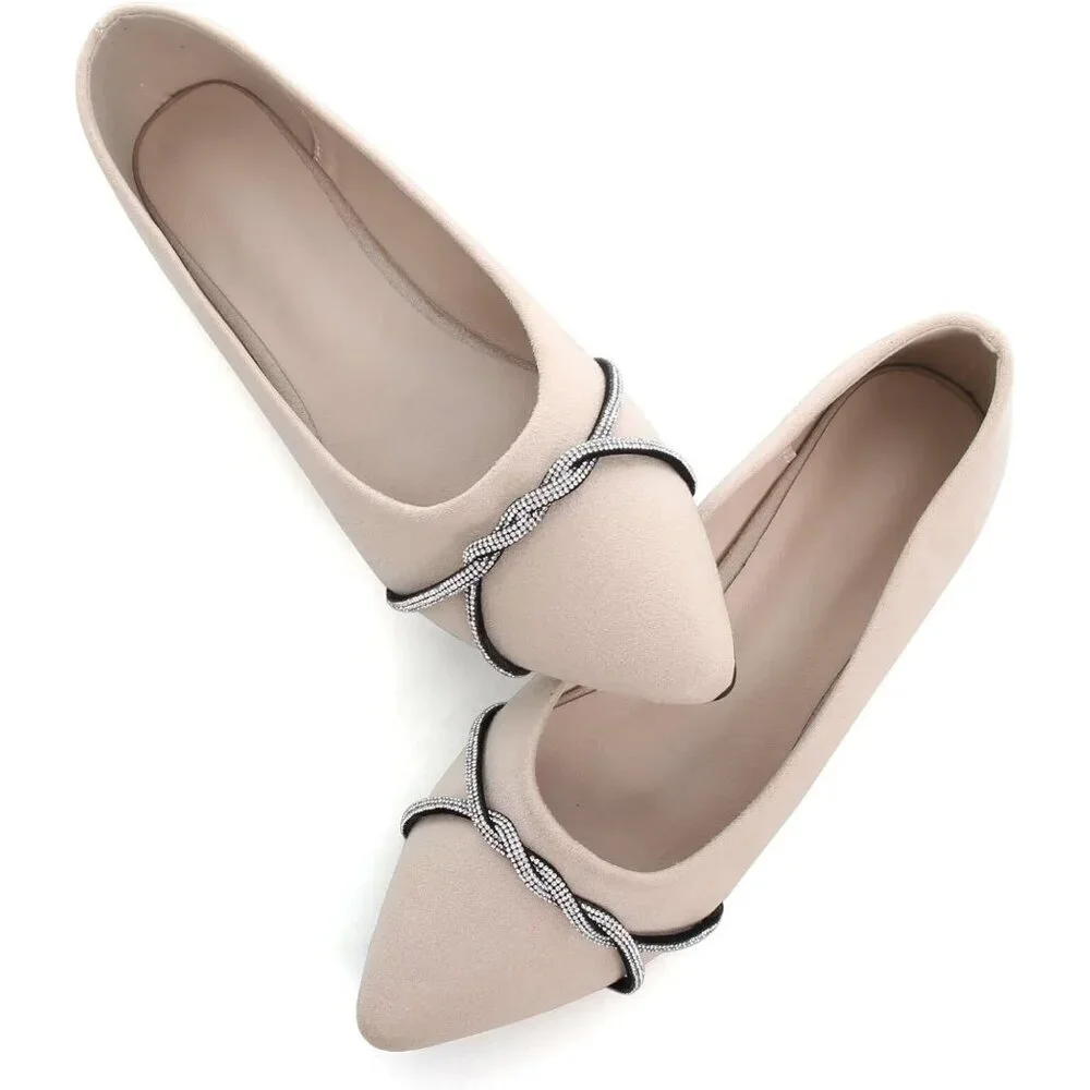 Women's Apricot Casual Flats Fashion Chain Pointed Toe Ballet Flat Rhinestone